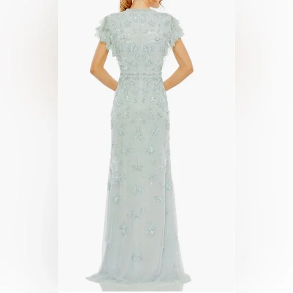Mac Duggal Women’s Floral Embellished Flutter Sleeve Gown Size 2 Light Mint - Picture 3 of 9